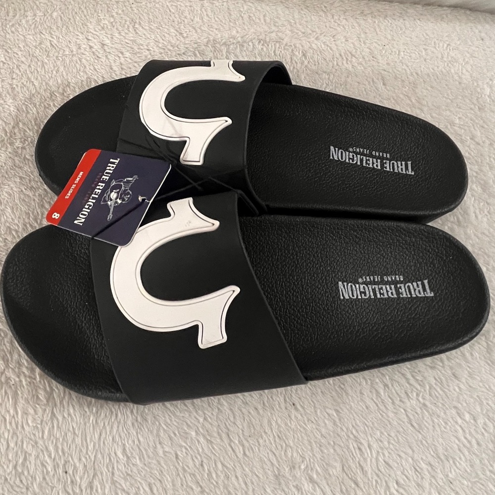 True Religion Men's TR-112-S Black & White Logo Slide Sandals Lightweight Size 8 - Picture 5 of 6